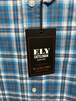 New Men’s ELY Cattleman Blue Plaid Long Sleeve Pearl Button Up Large CC-19