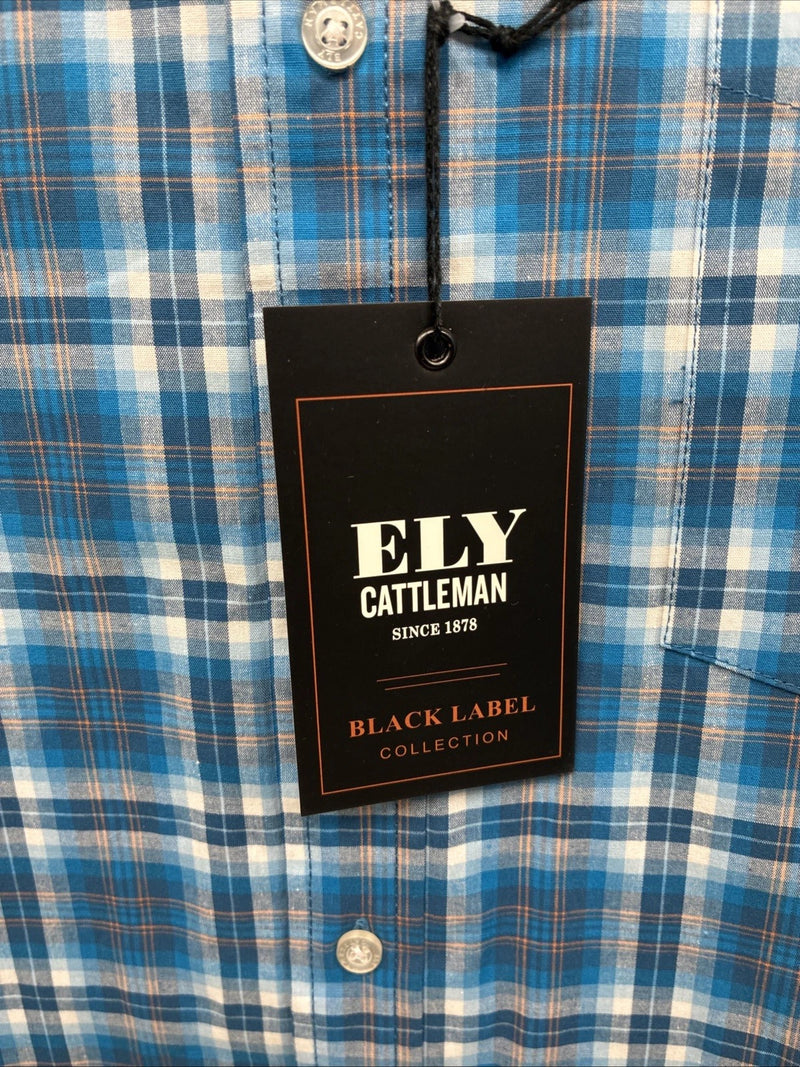 New Men’s ELY Cattleman Blue Plaid Long Sleeve Pearl Button Up Large CC-19