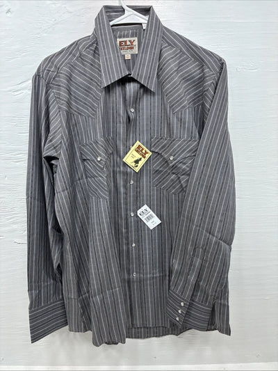 New Men’s ELY Cattleman Gray White Stripe Long Sleeve Pearl Snap 16 Large Q-39