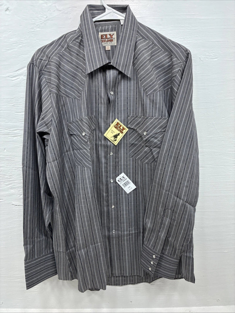 New Men’s ELY Cattleman Gray White Stripe Long Sleeve Pearl Snap 16 Large Q-39