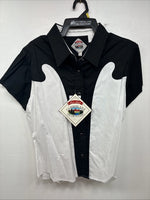 New Women’s Cumberland Black White Short Sleeve Crop Pearl Snap Large MM-131