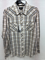 New Men’s ELY 1878 Brown Blue Plaid Long Sleeve Pearl Snap XL V-28