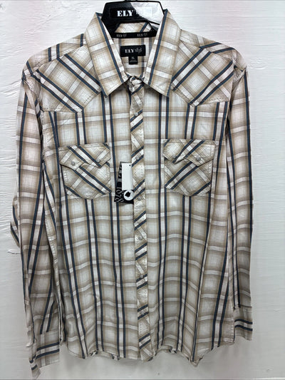 New Men’s ELY 1878 Brown Blue Plaid Long Sleeve Pearl Snap XL V-28