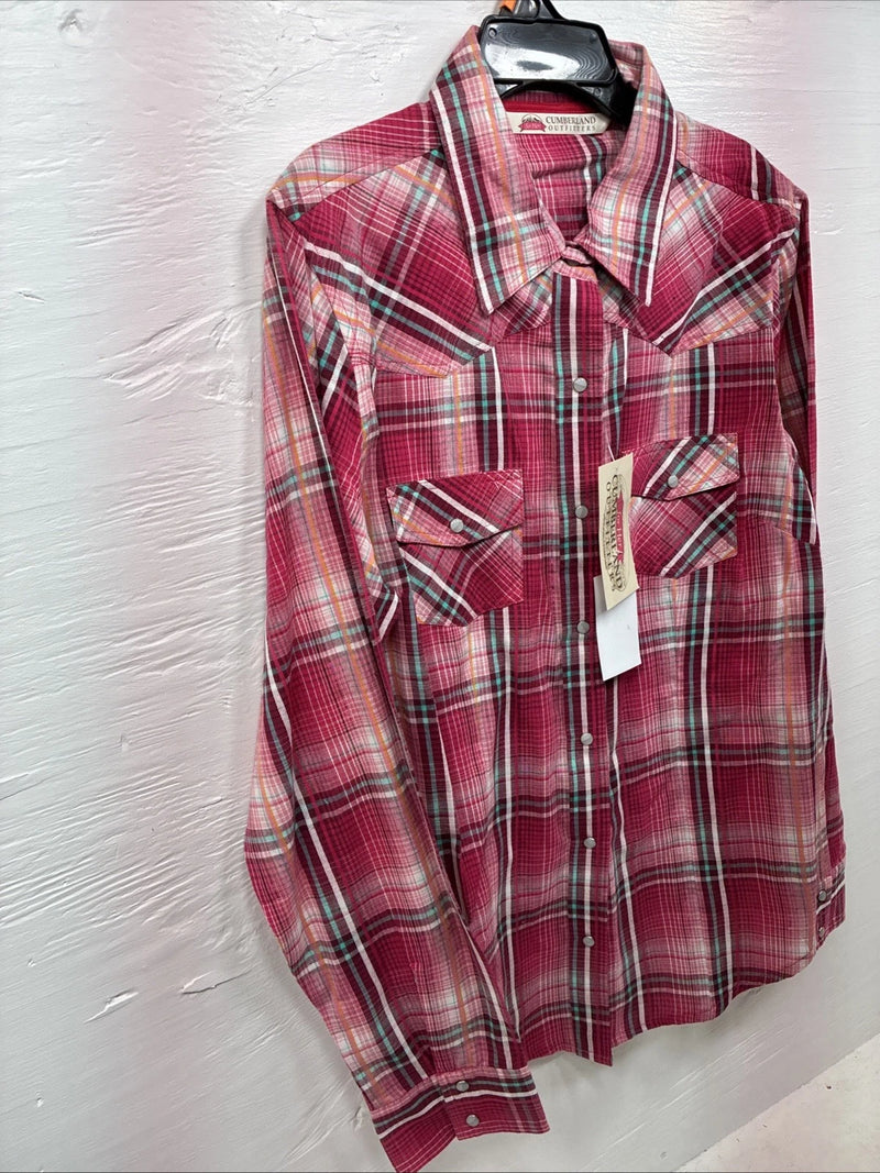 New Women’s Cumberland Pink Plaid Long Sleeve Pearl Snap Medium DD-24
