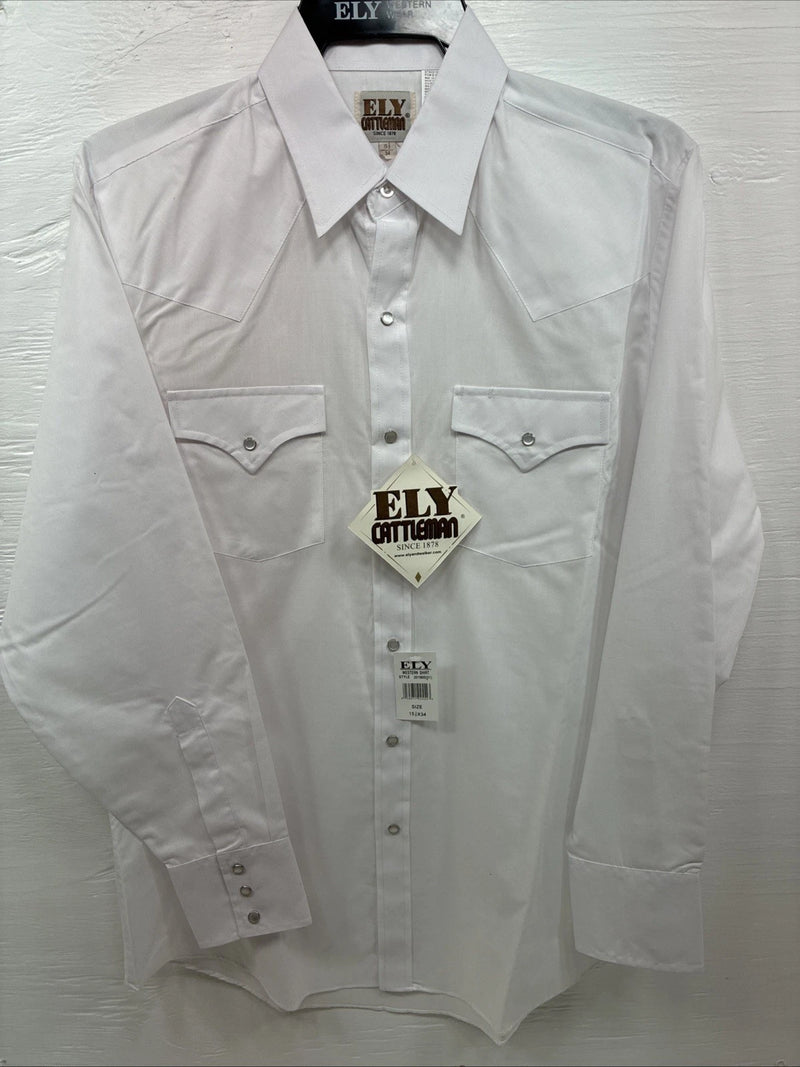 New Men’s ELY Cattleman Simple White Long Sleeve Pearl Snap 15.5 Medium K-56