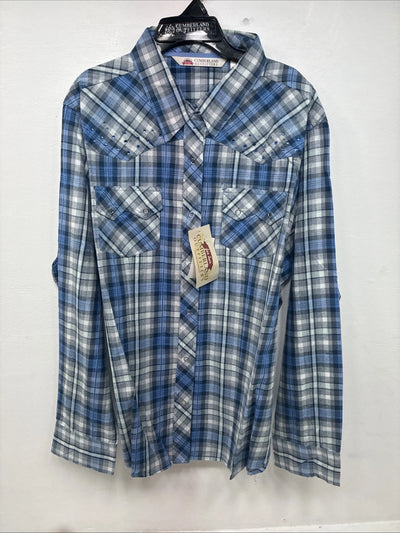 New Women Cumberland Blue Plaid Long Sleeve Pearl Snap 2XL GG-18