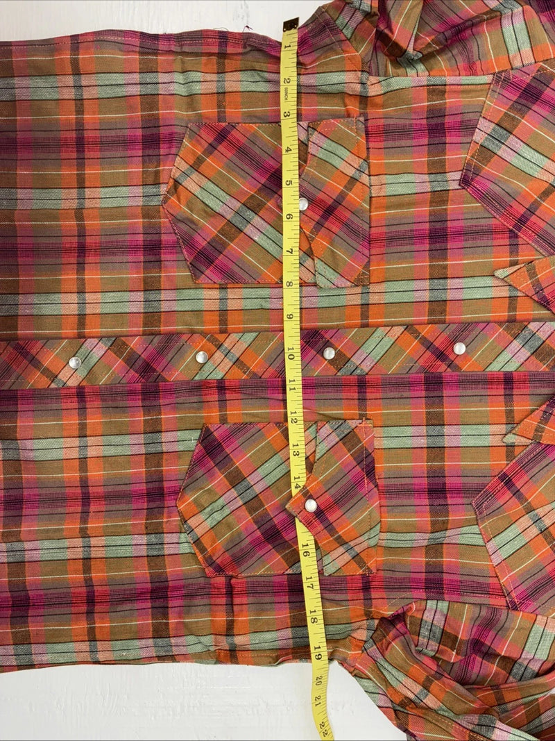 New Men’s Champion Western Orange Pink Plaid Long Sleeve Pearl Snap Small AA-88 