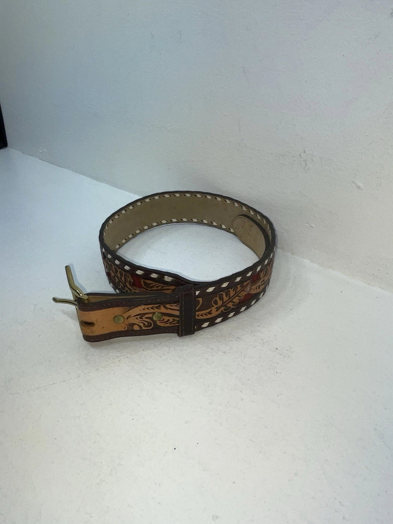 New Red Genuine Leather Longhorn Weaved And Tooled 30” Belt #82828 Z-49