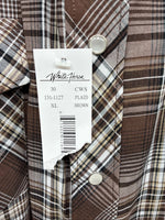 New Men’s White Horse Brown Plaid Long Sleeve Pearl Snap XL O-48