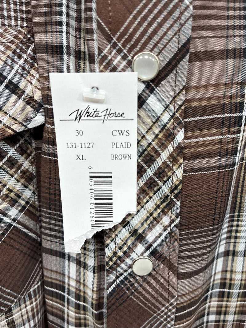 New Men’s White Horse Brown Plaid Long Sleeve Pearl Snap XL O-48
