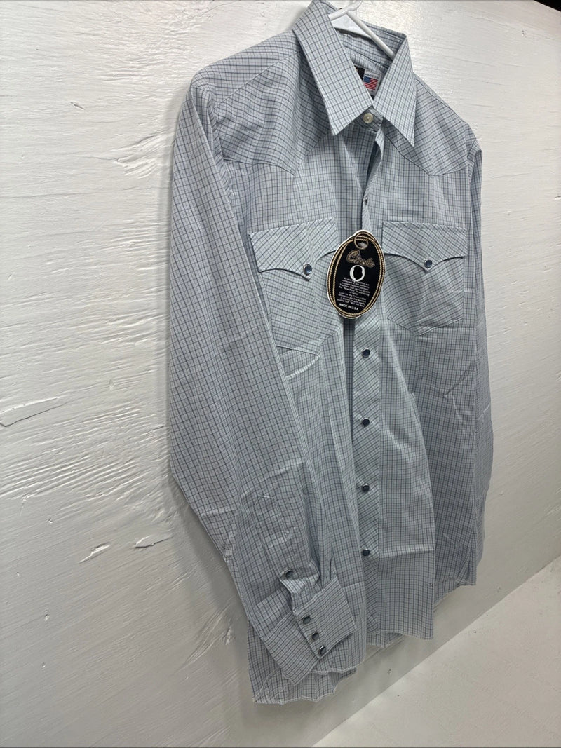 New Men’s Circle S Blue Gray Plaid Long Sleeve Pearl Snap 15 X 34 Medium Q-108