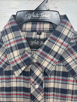 New Men’s White Horse Brown Blue Plaid Long Sleeve Pearl Snap Large V-102