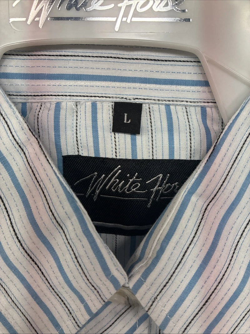 New Women’s White Horse Blue Stripe Long Sleeve Pearl Snap Large GG-74