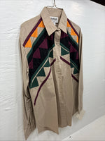 New Men’s San Angela Tan Multicolor Design Long Sleeve Button Up Medium K-74