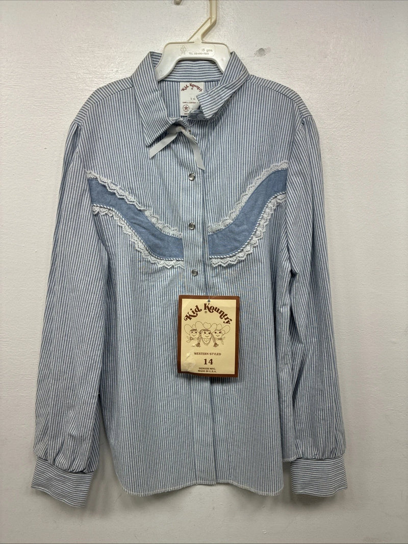 New Women’s Kid Kountry Blue Stripe Design Long Sleeve Pearl Snap Size 14 YY-10