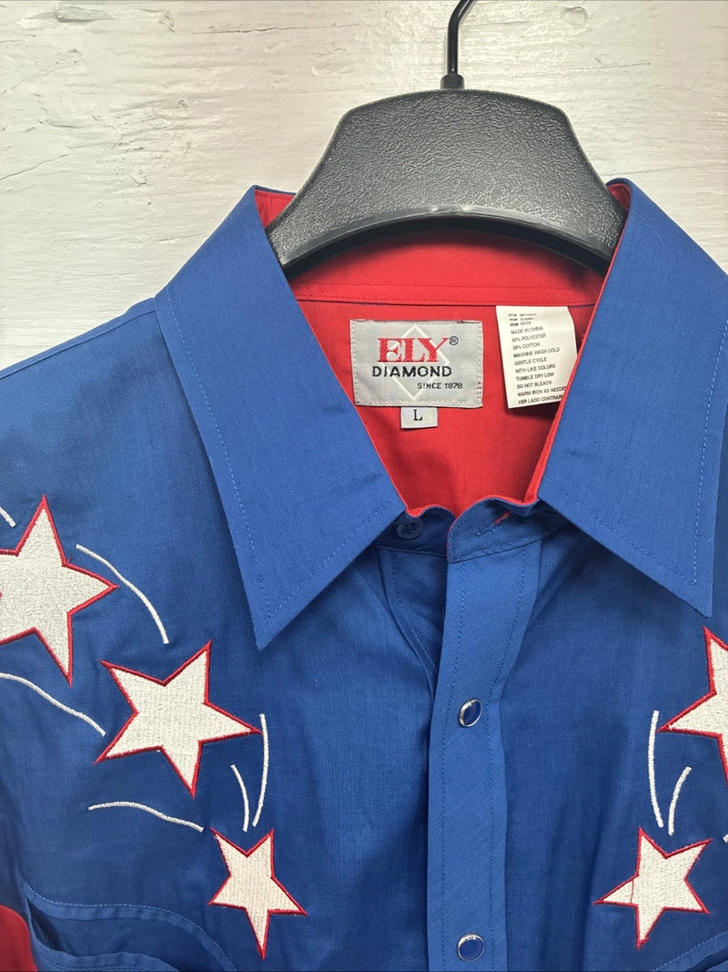 New Men’s ELY Diamond Red Blue Long Sleeve Pearl Snap Large V-88