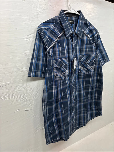 New Men’s ELY 1878 Blue Gray Plaid Short Sleeve Pearl Snap Large X-45