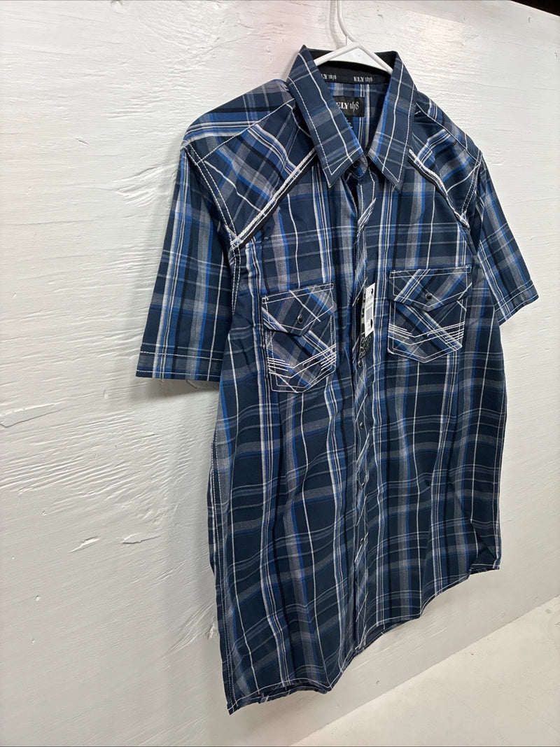 New Men’s ELY 1878 Blue Gray Plaid Short Sleeve Pearl Snap Large X-45
