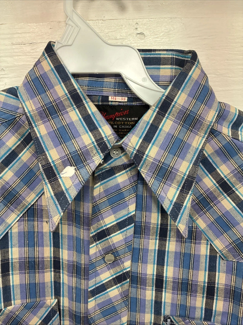 New Men’s Champion Western Purple Plaid Long Sleeve Pearl Snap 14.5 Small O-35
