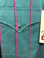 New Men’s ELY Cattleman Green Pink Stripe Long Sleeve Pearl Snap 16.5 Large Q-81