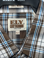 New Men’s Brown Plaid ELY Cattleman Short Sleeve Pearl Snap Shirt. XL Tall S-29