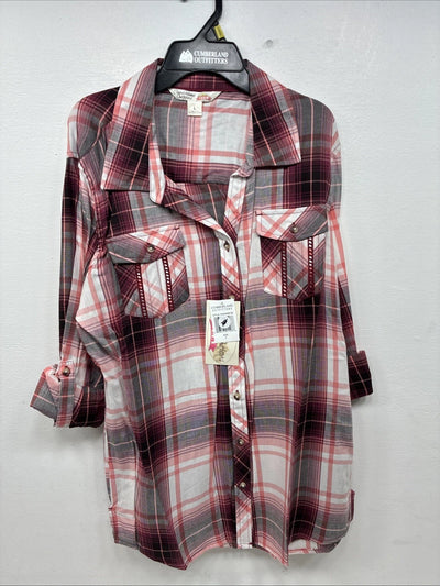 New Women’s Cumberland Pink Plaid Design Long Sleeve Pearl Snap Large II-105