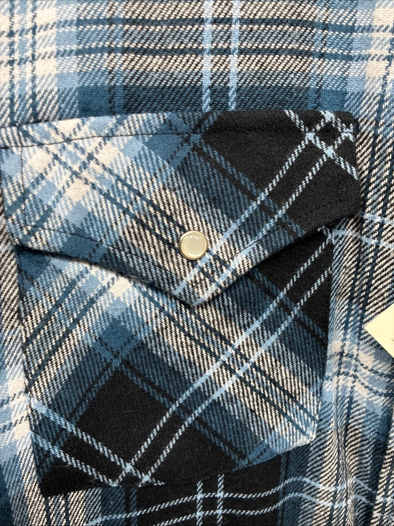New Men’s ELY Cattleman Blue Black Plaid Long Sleeve Pearl Snap XL O-56