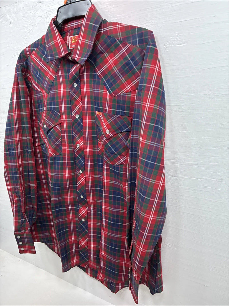 New Men’s ELY Plains Red Plaid Long Sleeve Pearl Snap 16.5 X 35 Large K-78