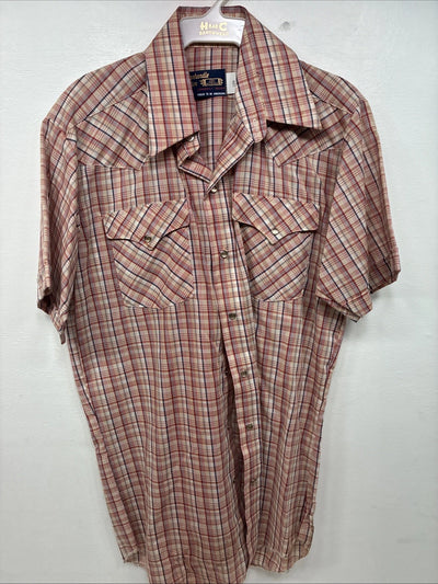 New Women’s Pandhanel Slim Red Plaid Short Sleeve Pearl Snap 15.5 Large MM-20