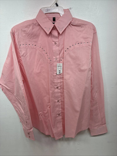 New Women’s White Horse Pink Gem Long Sleeve Pearl Snap Medium LL-60