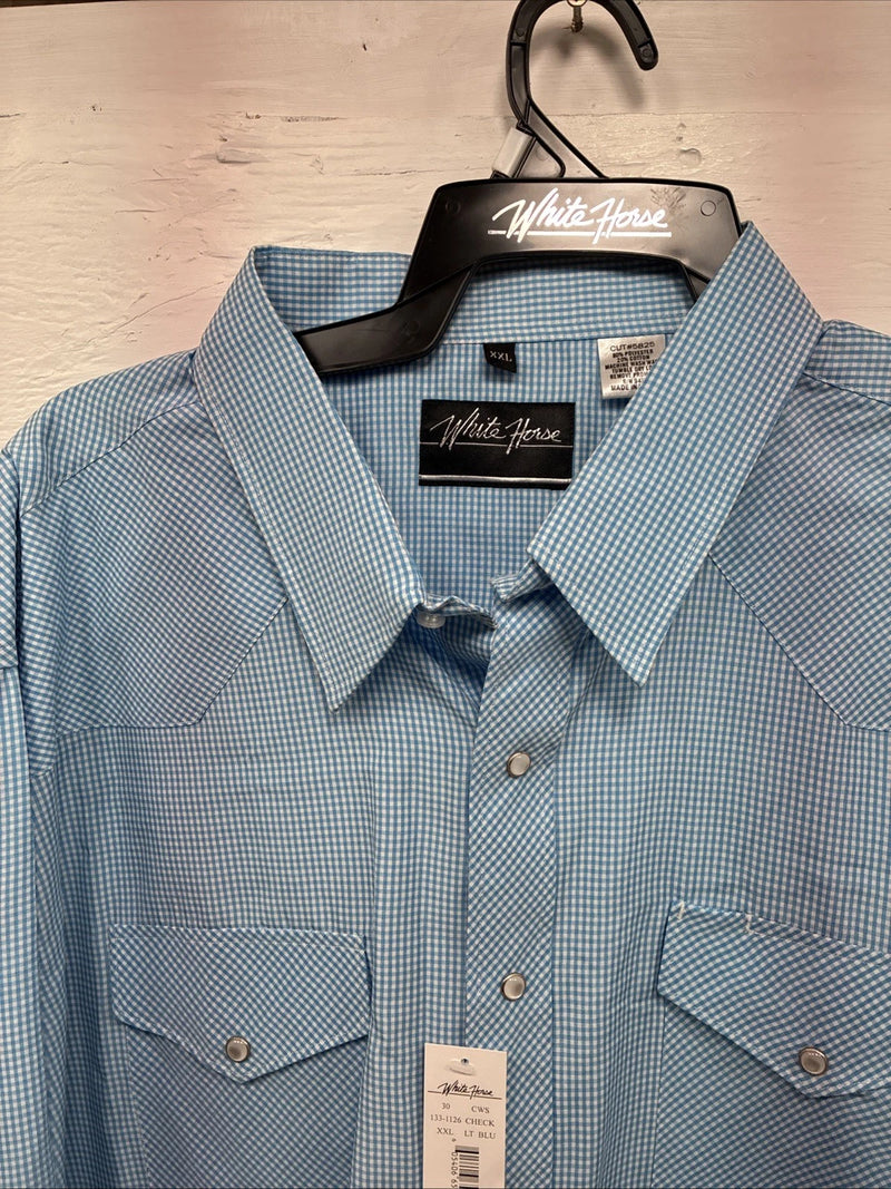 New Men’s White Horse Blue Checkered Long Sleeve Pearl Snap 2XL H-28