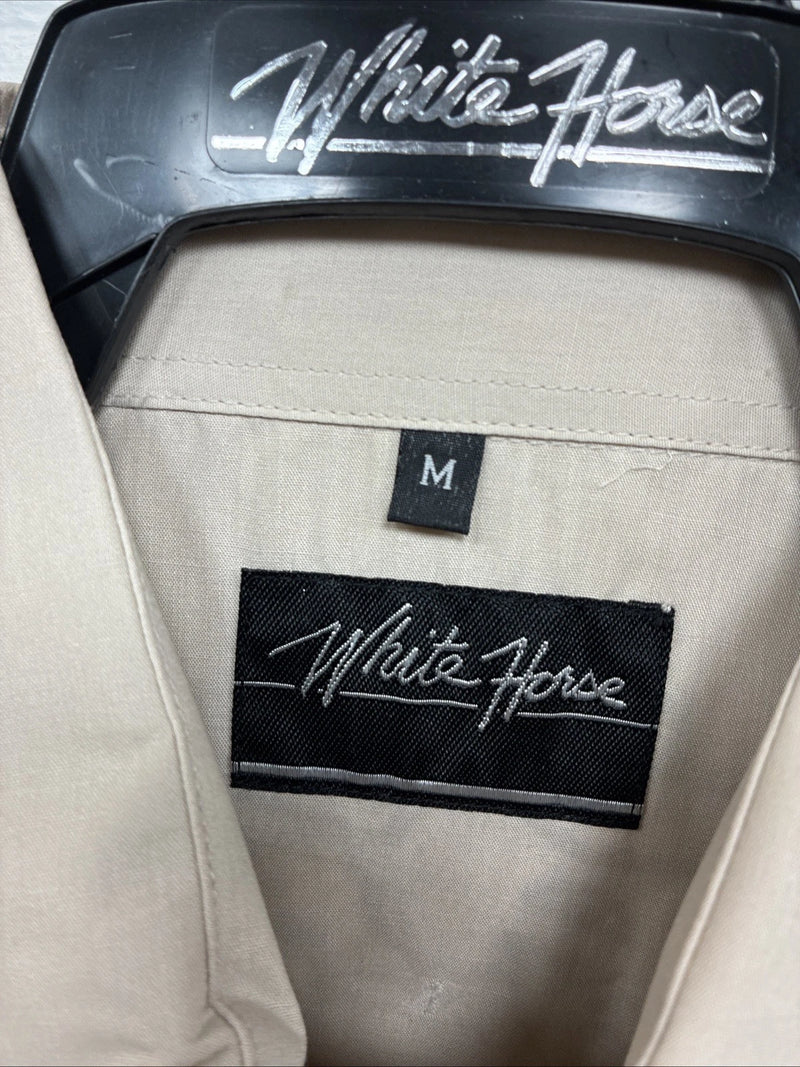 New Men’s White Horse Brown Embroidered Long Sleeve Pearl Snap Medium K-59