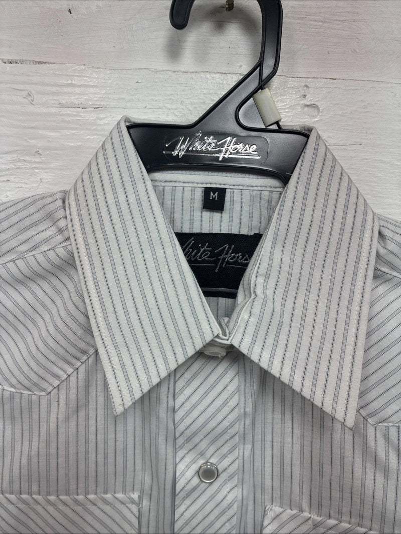 New Kids White Horse Gray Stripe Long Sleeve Pearl Snap Medium DD-54