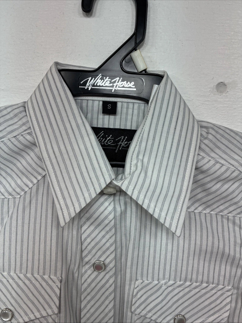 New Kids White Horse Gray Stripe Long Sleeve Pearl Snap Small DD-129