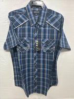 New Men’s ELY 1878 Blue Plaid Short Sleeve Pearl Snap XL R-48
