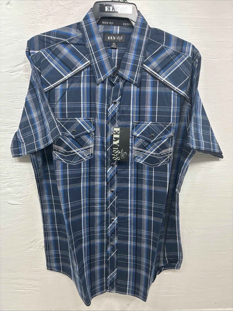 New Men’s ELY 1878 Blue Plaid Short Sleeve Pearl Snap XL R-48