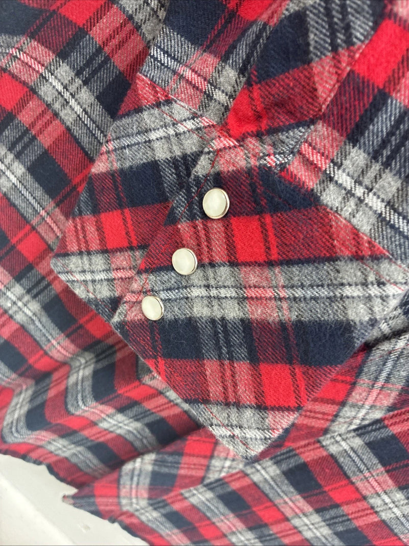 New Men’s White Horse Red Gray Plaid Long Sleeve Pearl Snap Large V-97
