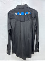 New Men’s ELY Diamond Black Blue Rose Design Long Sleeve Pearl Snap Medium K-35