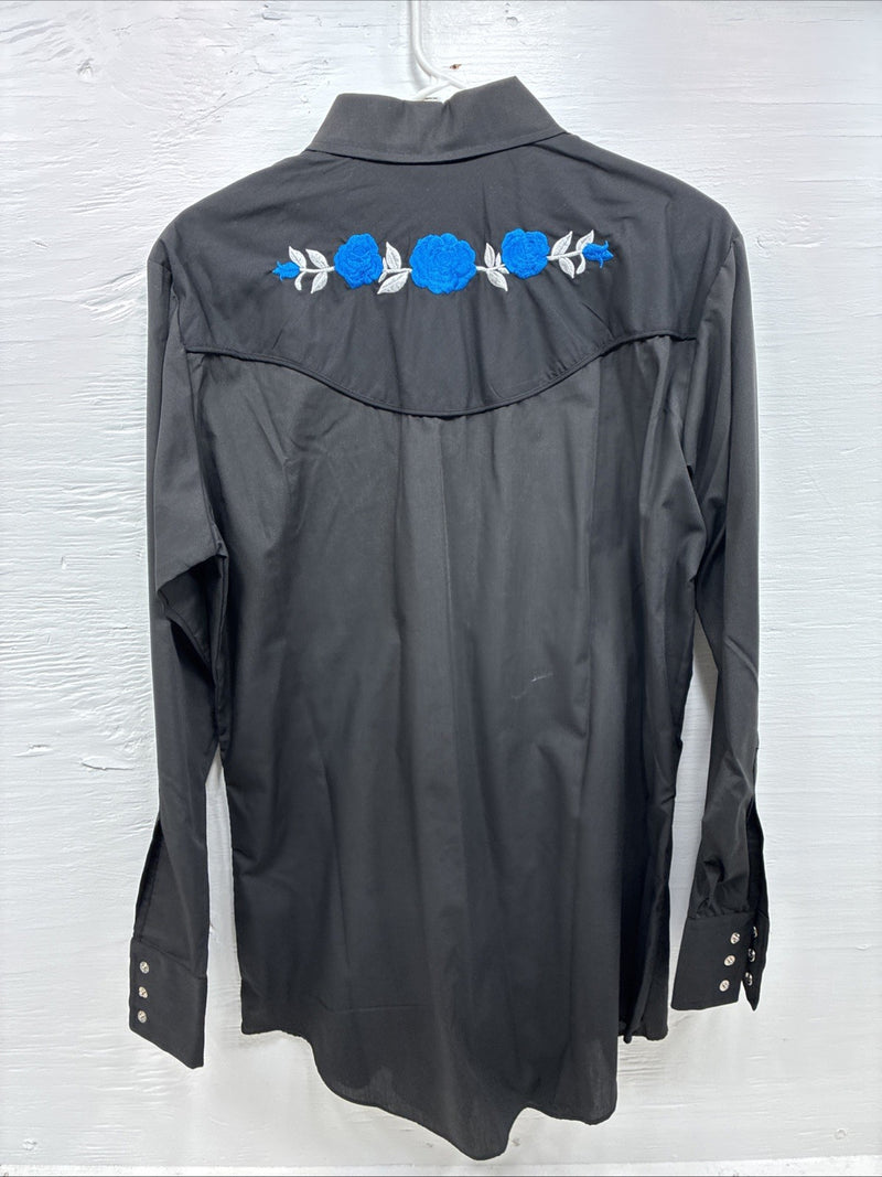 New Men’s ELY Diamond Black Blue Rose Design Long Sleeve Pearl Snap Medium K-35
