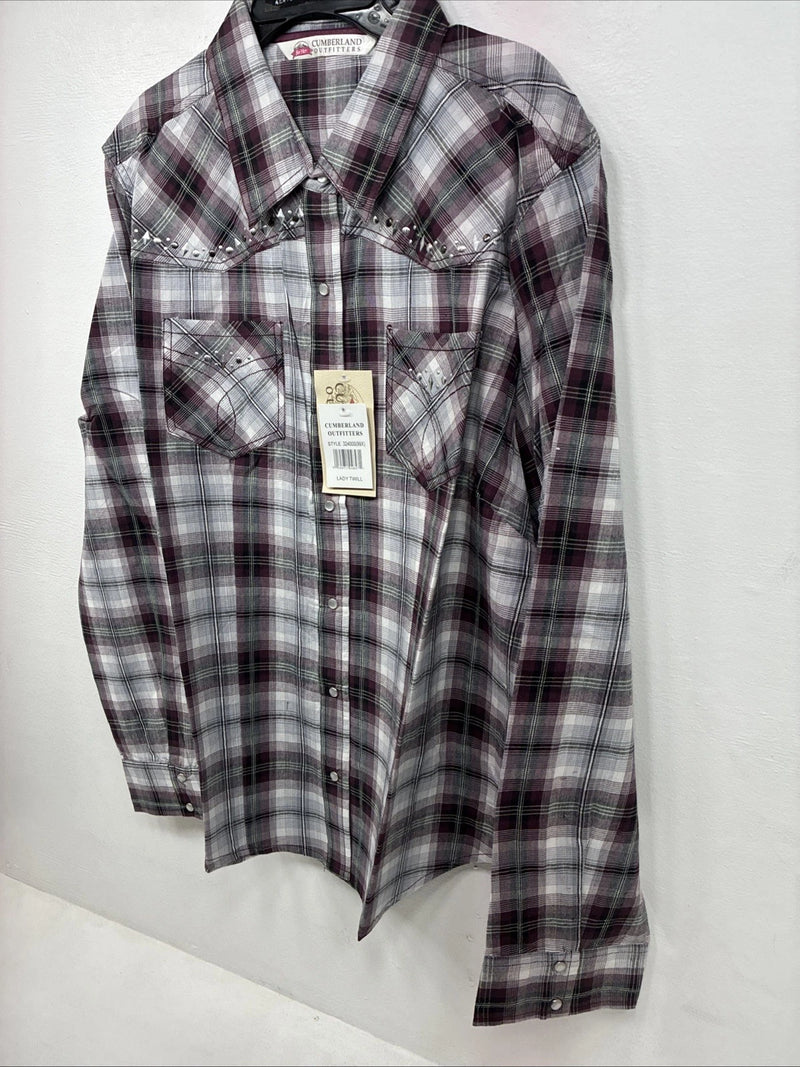 New Women’s Cumberland Purple Plaid Long Sleeve Pearl Snap 1XL GG-23