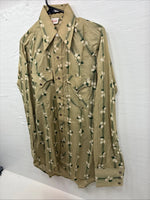 New Men’s ELY Plains Tan Green Floral Long Sleeve Pearl Snap 14.5 Small X-111