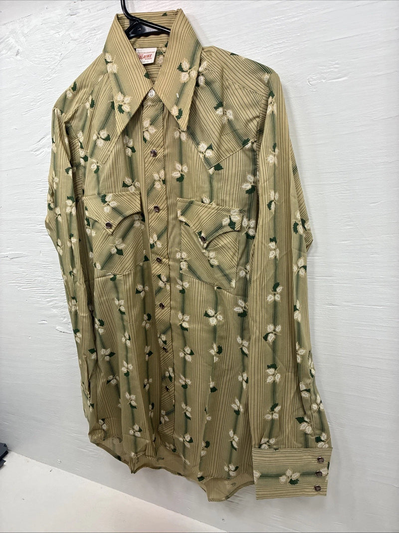 New Men’s ELY Plains Tan Green Floral Long Sleeve Pearl Snap 14.5 Small X-111