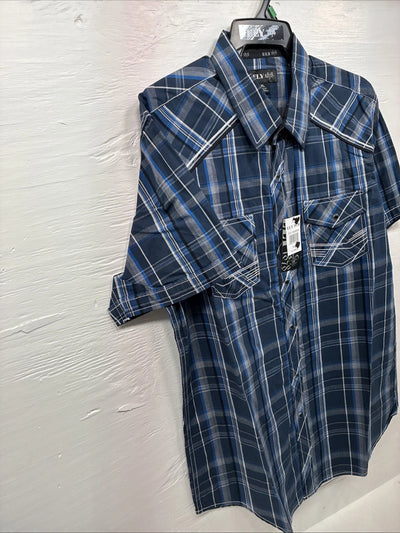 New Men’s ELY 1878 Blue Gray Plaid Short Sleeve Pearl Snap XL O-71
