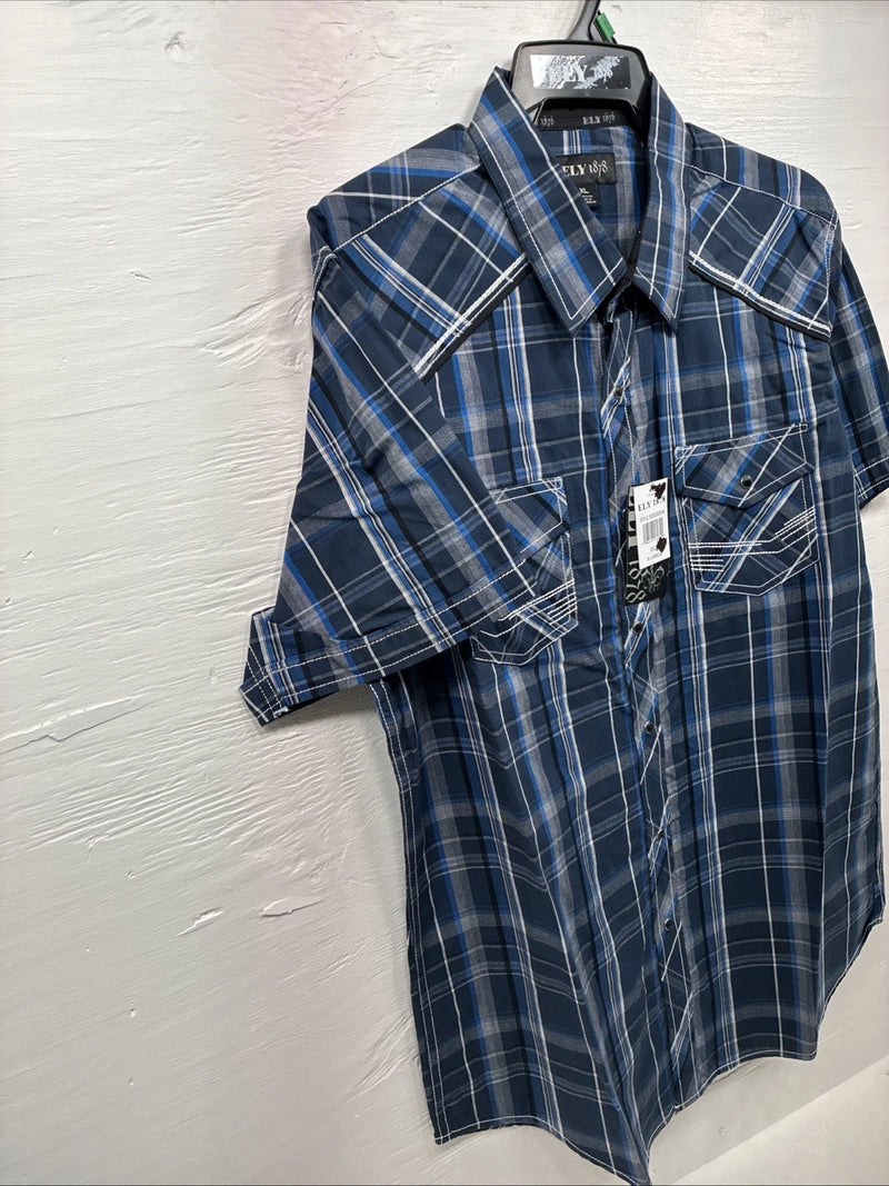 New Men’s ELY 1878 Blue Gray Plaid Short Sleeve Pearl Snap XL O-71
