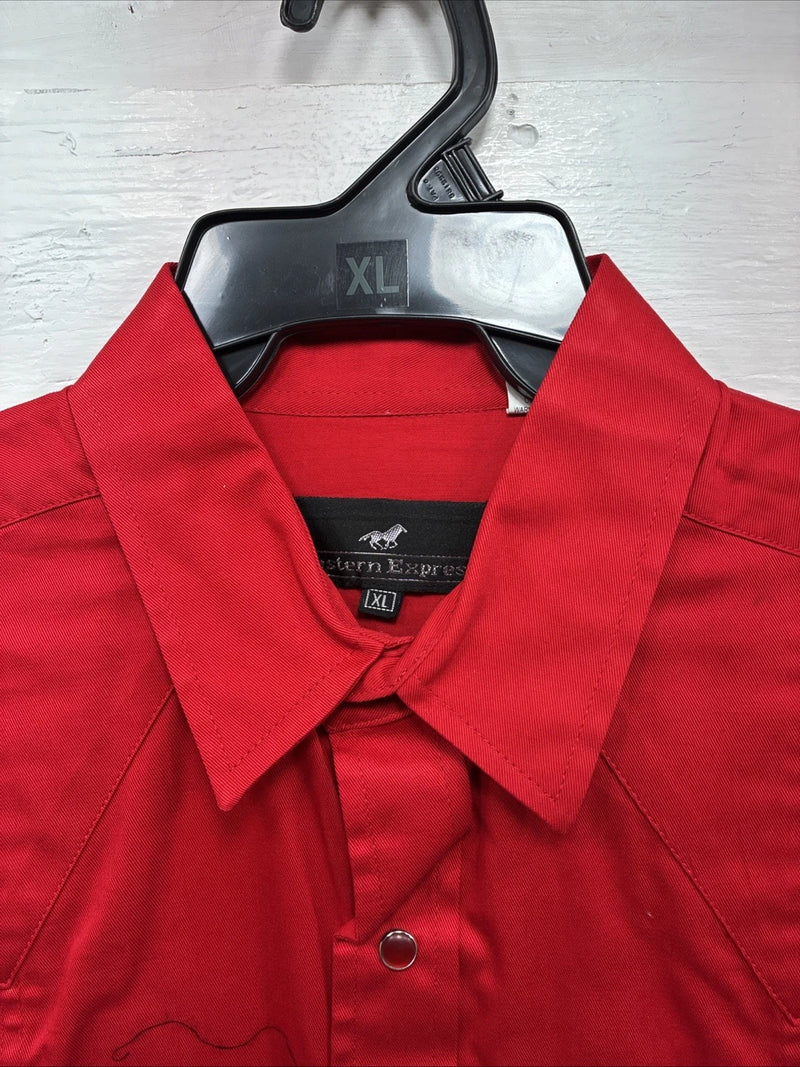 New Men’s Western Express Red Simple Long Sleeve Pearl Snap XL O-41