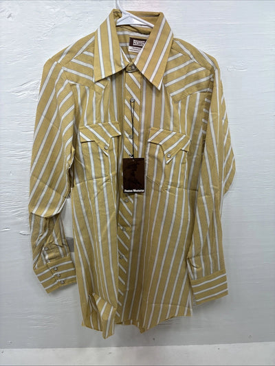 New Men’s Fenton Yellow Stripe Long Sleeve Pearl Snap 15 Medium AA-65