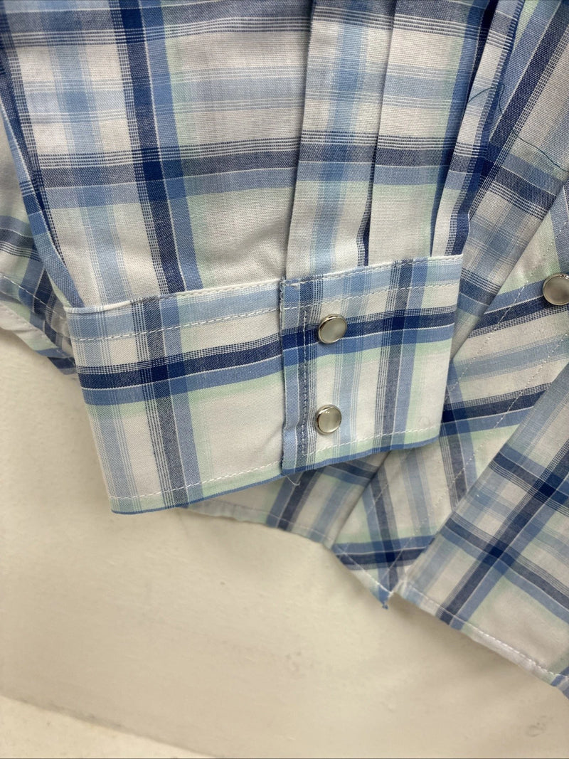 New Women’s Cumberland Blue Plaid Long Sleeve Pearl Snap Large GG-84