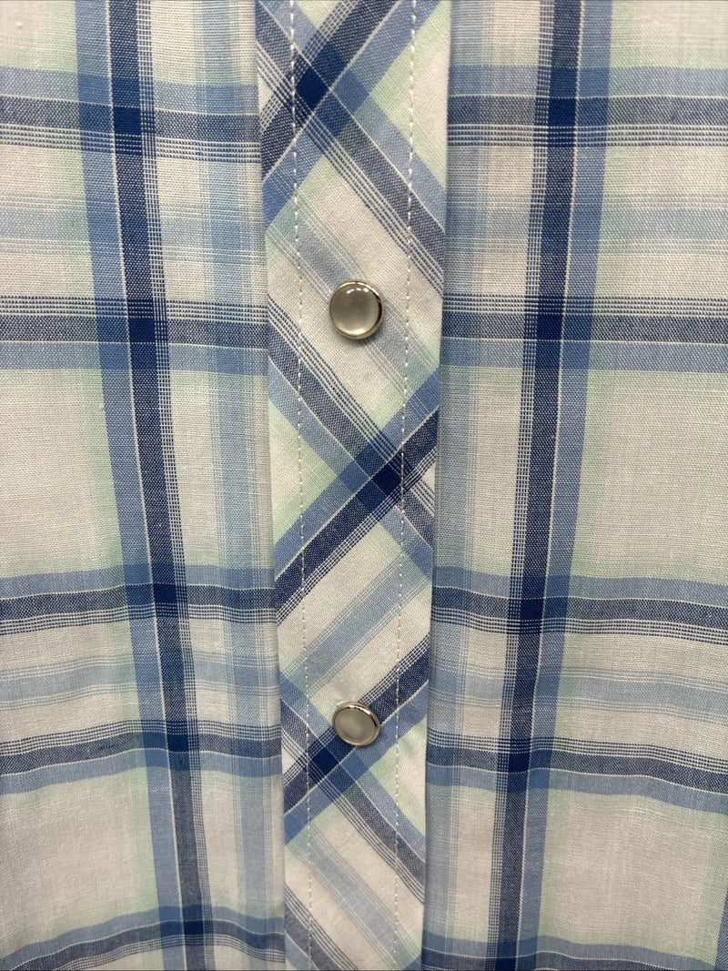 New Women’s Cumberland Blue Plaid Long Sleeve Pearl Snap Large GG-84