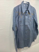 New Men’s Blue Jean Yellow Design Long Sleeve Pearl Snap 16.5 X 34 Large V-95