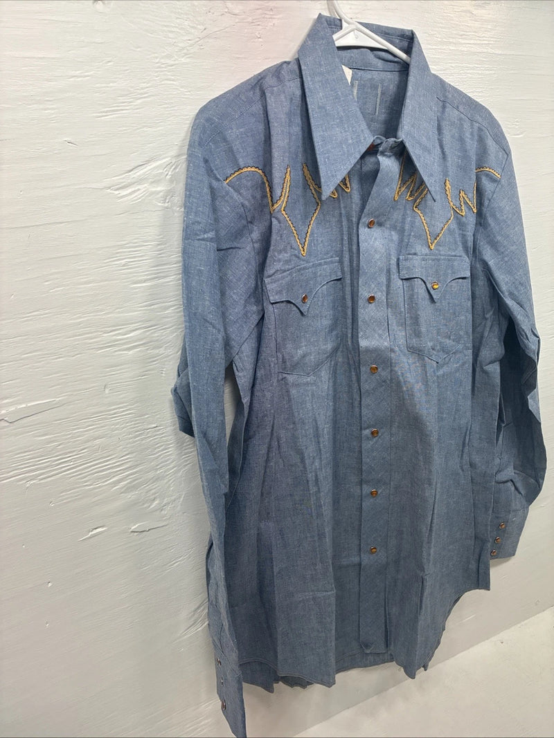 New Men’s Blue Jean Yellow Design Long Sleeve Pearl Snap 16.5 X 34 Large V-95